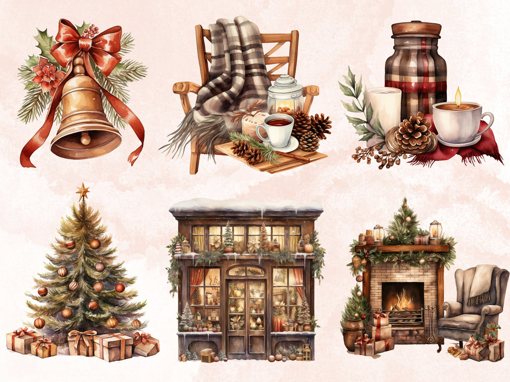 45 PNG Watercolour Cozy Christmas Bundle Clipart, Rustic Boho Christmas Illustrations Clip art, Winter Holiday png, Xmas Noel Ornaments