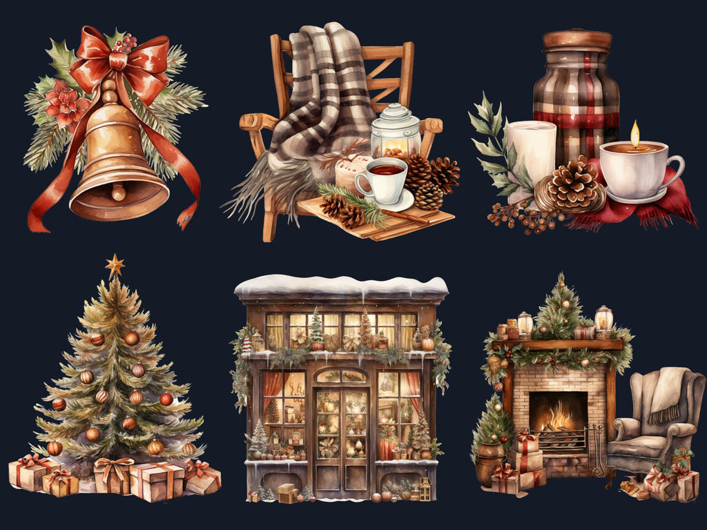 45 PNG Watercolour Cozy Christmas Bundle Clipart, Rustic Boho Christmas Illustrations Clip art, Winter Holiday png, Xmas Noel Ornaments