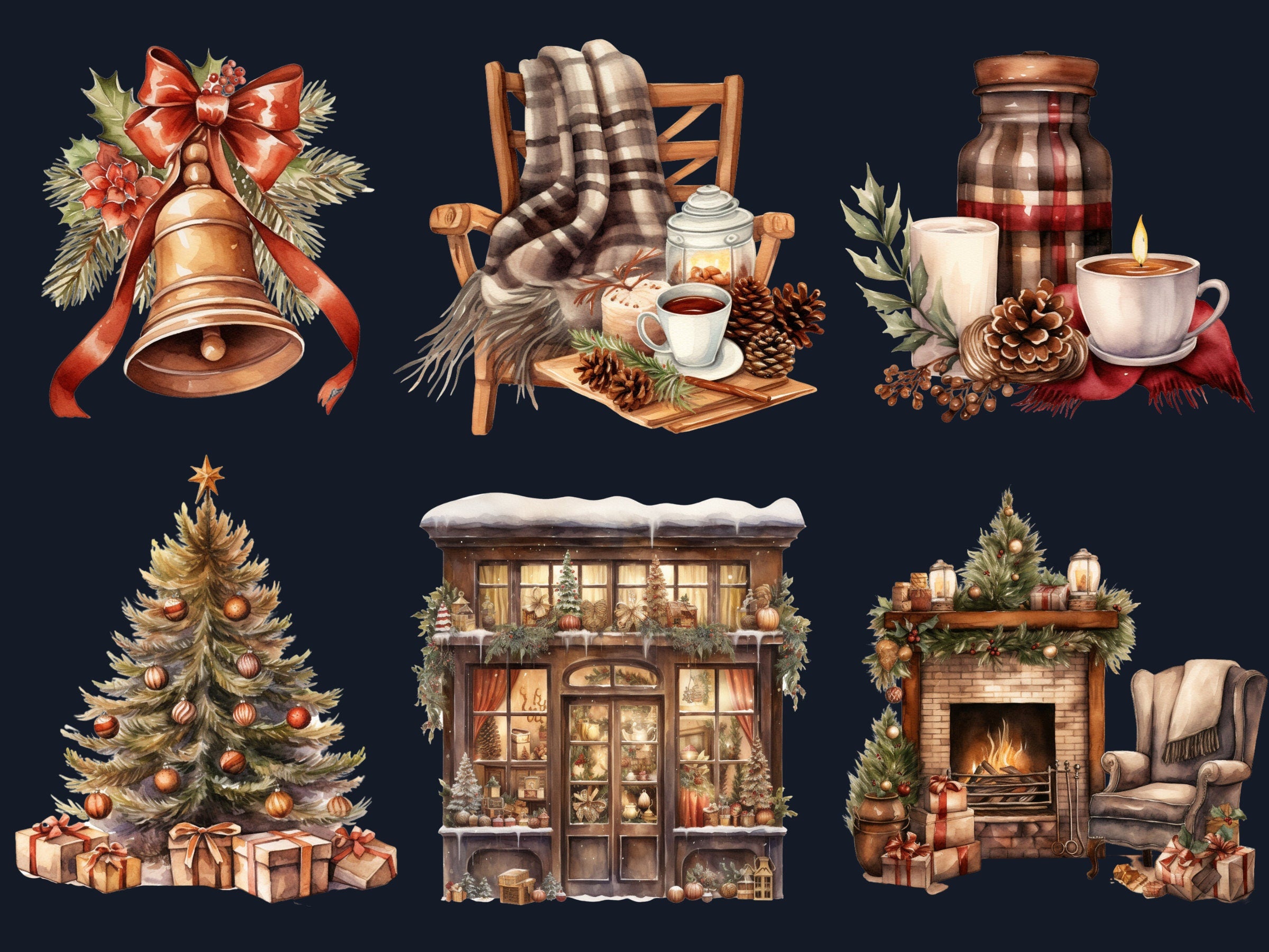 45 PNG Watercolour Cozy Christmas Bundle Clipart, Rustic Boho Christmas Illustrations Clip art, Winter Holiday png, Xmas Noel Ornaments