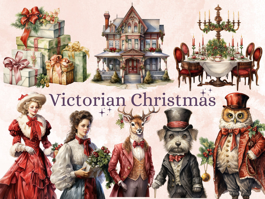 40 PNG Watercolour Victorian Christmas Bundle Clipart, Vintage Retro Christmas Illustration Clip art, Winter Holiday png, Xmas Noel Ornament