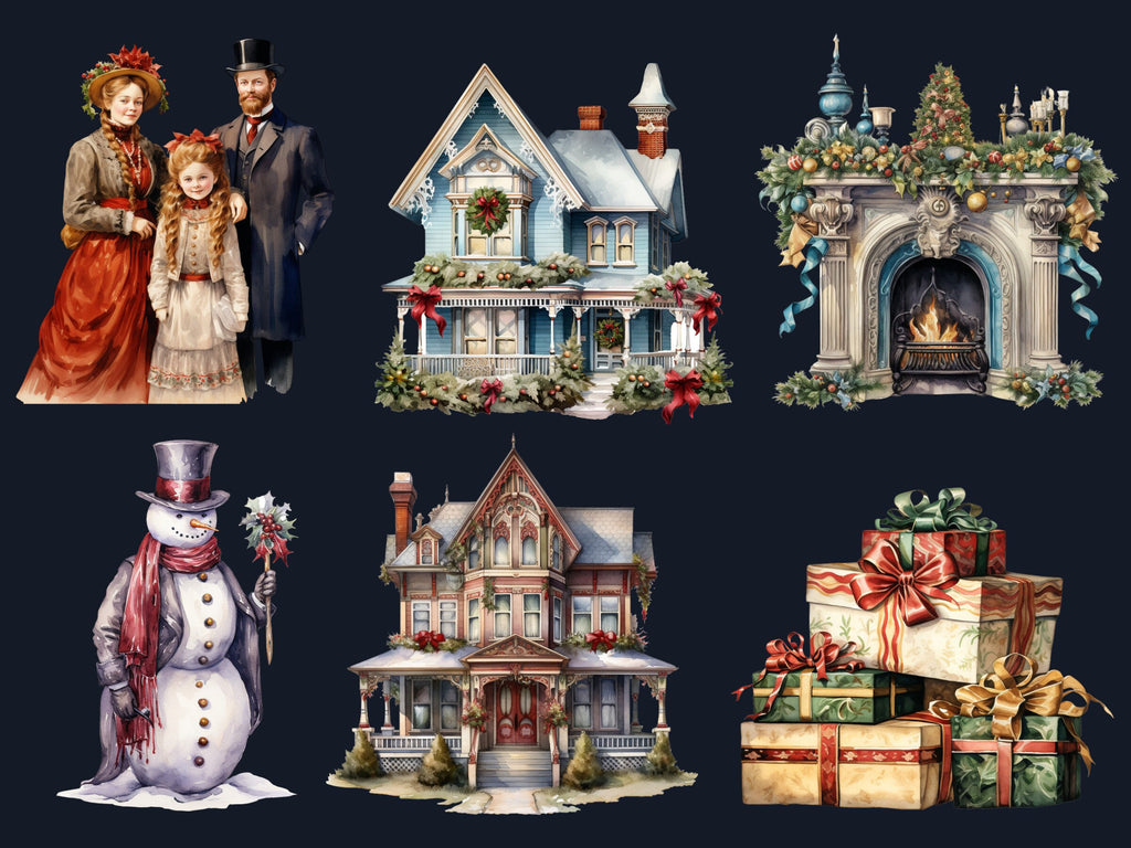40 PNG Watercolour Victorian Christmas Bundle Clipart, Vintage Retro Christmas Illustration Clip art, Winter Holiday png, Xmas Noel Ornament