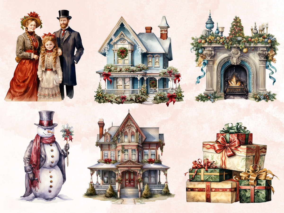 40 PNG Watercolour Victorian Christmas Bundle Clipart, Vintage Retro Christmas Illustration Clip art, Winter Holiday png, Xmas Noel Ornament