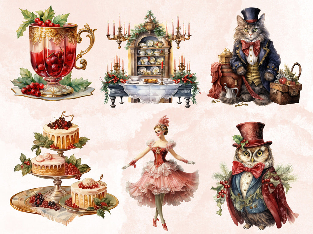 40 PNG Watercolour Victorian Christmas Bundle Clipart, Vintage Retro Christmas Illustration Clip art, Winter Holiday png, Xmas Noel Ornament