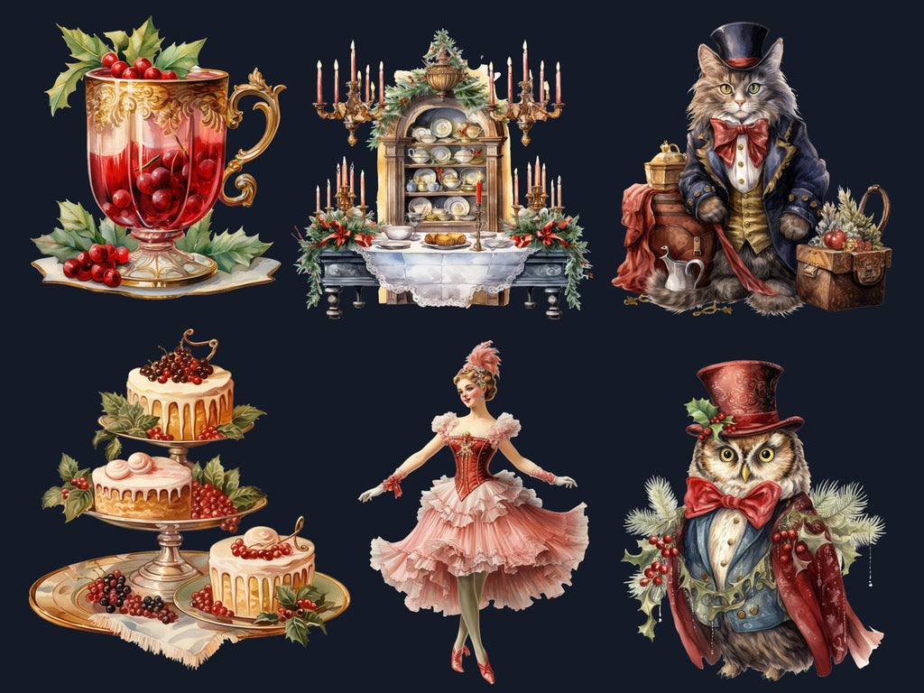 40 PNG Watercolour Victorian Christmas Bundle Clipart, Vintage Retro Christmas Illustration Clip art, Winter Holiday png, Xmas Noel Ornament