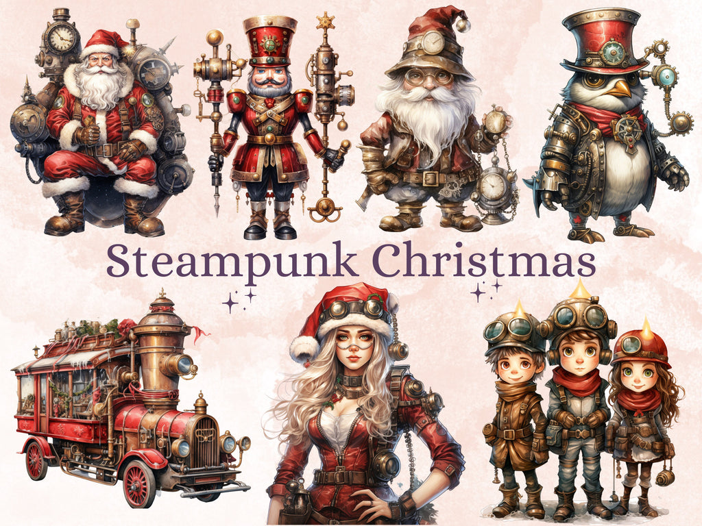 45 PNG Watercolour Steampunk Christmas Bundle Clipart, Clockwork Christmas Illustration Clip art, Winter Holiday png, Xmas Noel Ornaments