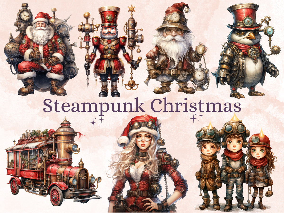 45 PNG Watercolour Steampunk Christmas Bundle Clipart, Clockwork Christmas Illustration Clip art, Winter Holiday png, Xmas Noel Ornaments