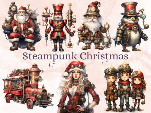 45 PNG Watercolour Steampunk Christmas Bundle Clipart, Clockwork Christmas Illustration Clip art, Winter Holiday png, Xmas Noel Ornaments