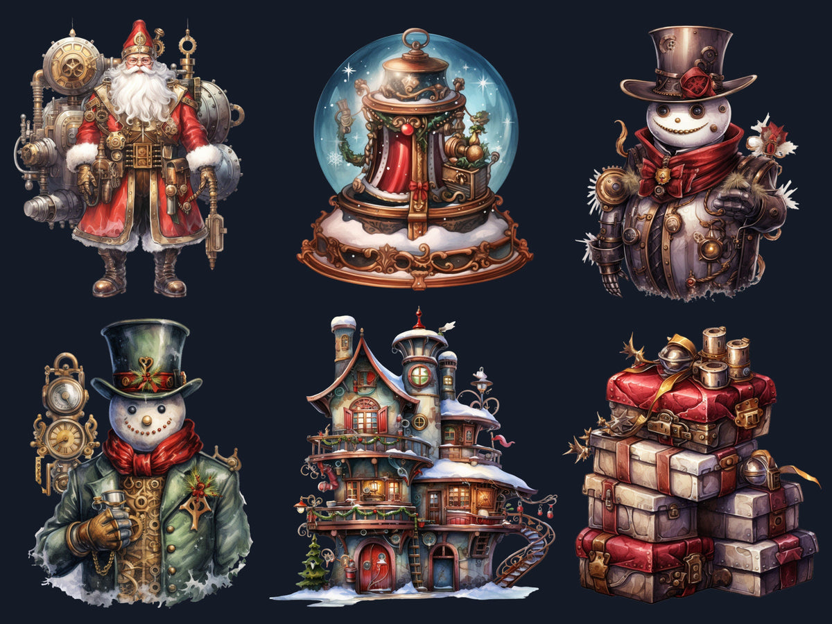 45 PNG Watercolour Steampunk Christmas Bundle Clipart, Clockwork Christmas Illustration Clip art, Winter Holiday png, Xmas Noel Ornaments