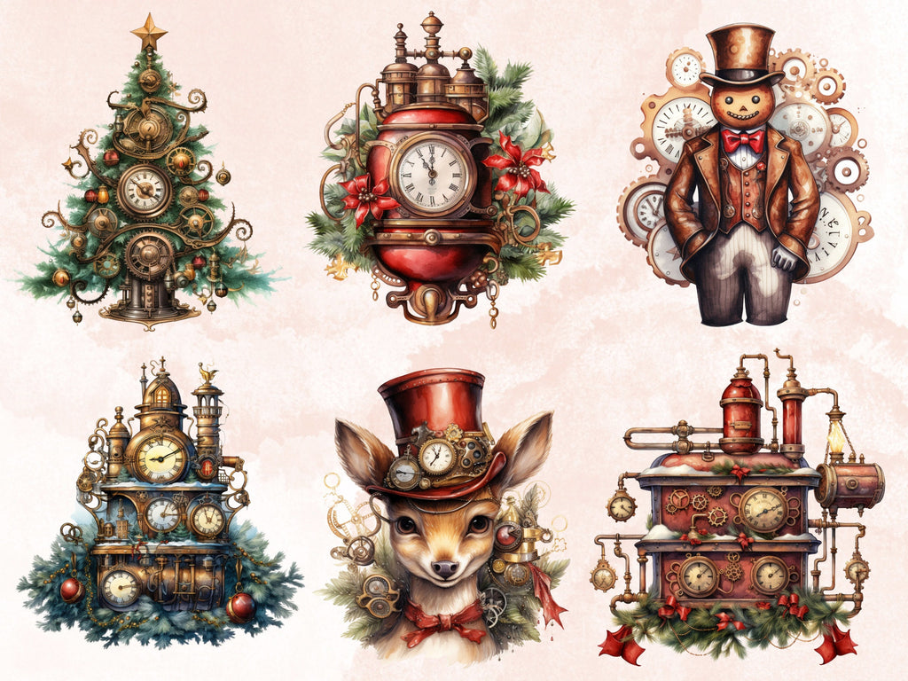 45 PNG Watercolour Steampunk Christmas Bundle Clipart, Clockwork Christmas Illustration Clip art, Winter Holiday png, Xmas Noel Ornaments