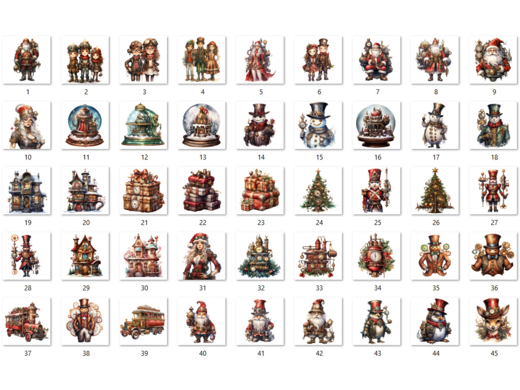 45 PNG Watercolour Steampunk Christmas Bundle Clipart, Clockwork Christmas Illustration Clip art, Winter Holiday png, Xmas Noel Ornaments