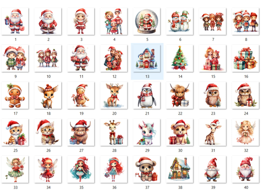 40 PNG Watercolour Cute Christmas Bundle Clipart, Kawaii Christmas Animals Illustrations Clip art, Winter Holiday png, Xmas Noel Ornaments