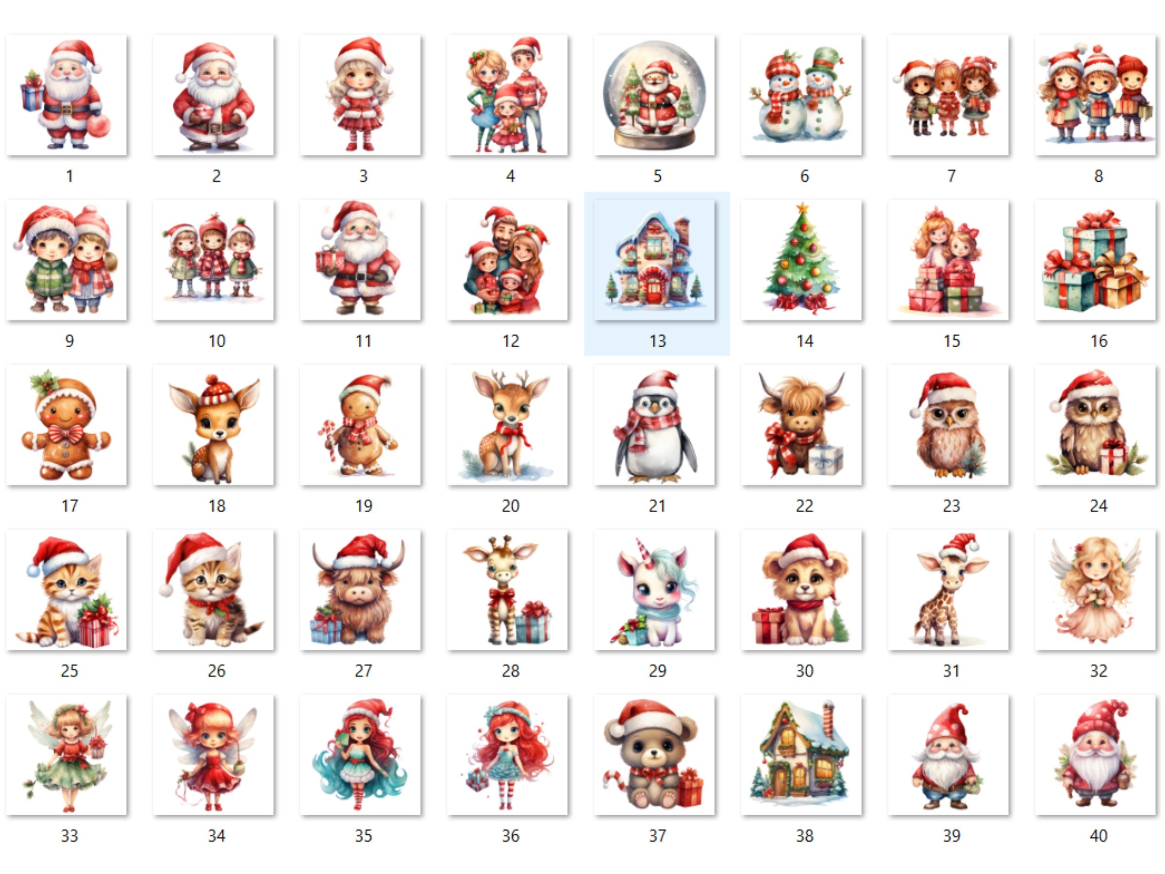 40 PNG Watercolour Cute Christmas Bundle Clipart, Kawaii Christmas Animals Illustrations Clip art, Winter Holiday png, Xmas Noel Ornaments