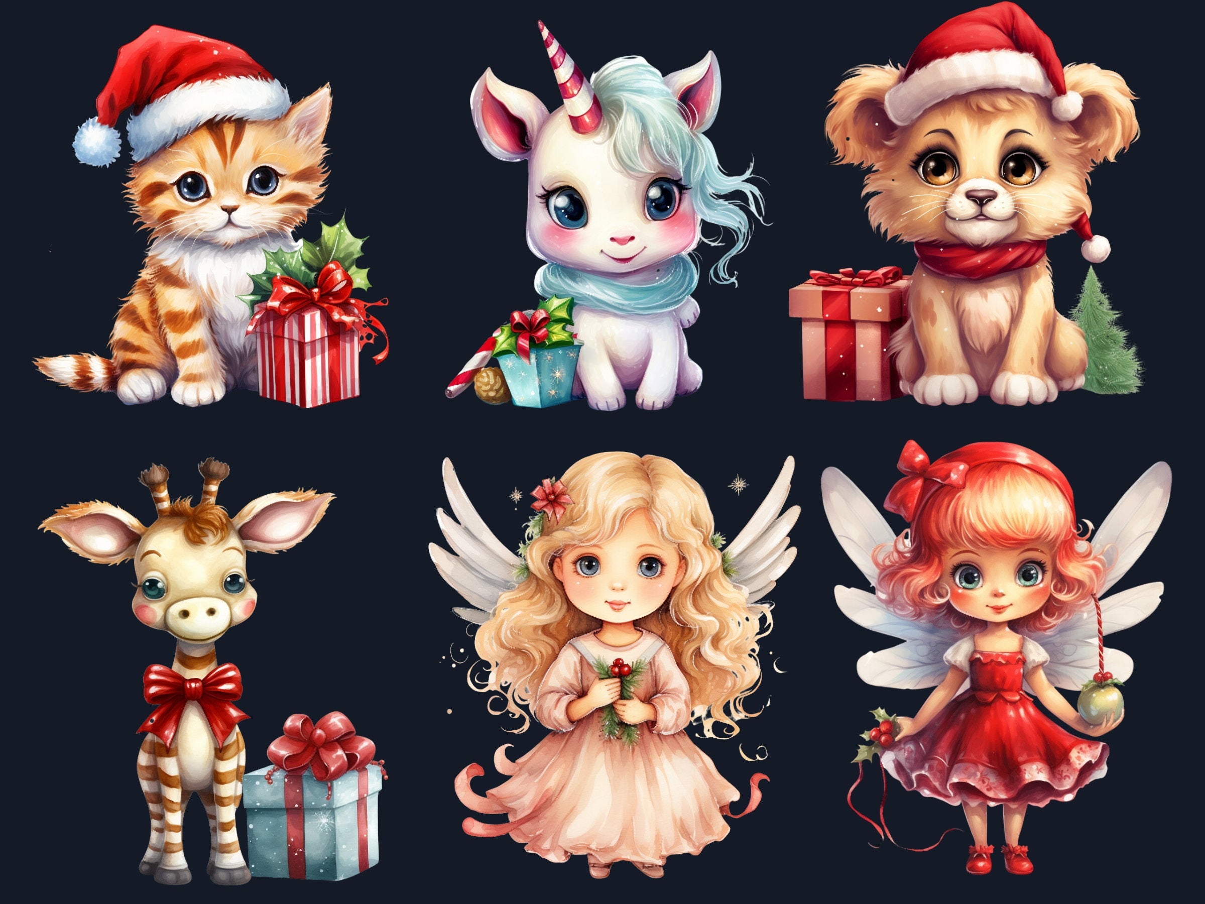 40 PNG Watercolour Cute Christmas Bundle Clipart, Kawaii Christmas Animals Illustrations Clip art, Winter Holiday png, Xmas Noel Ornaments