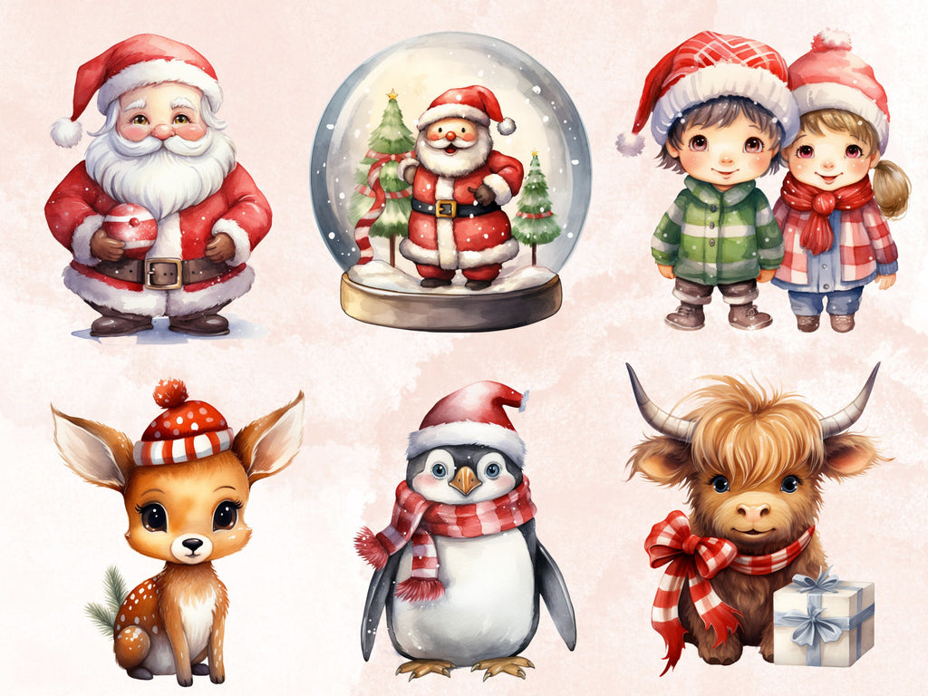 40 PNG Watercolour Cute Christmas Bundle Clipart, Kawaii Christmas Animals Illustrations Clip art, Winter Holiday png, Xmas Noel Ornaments