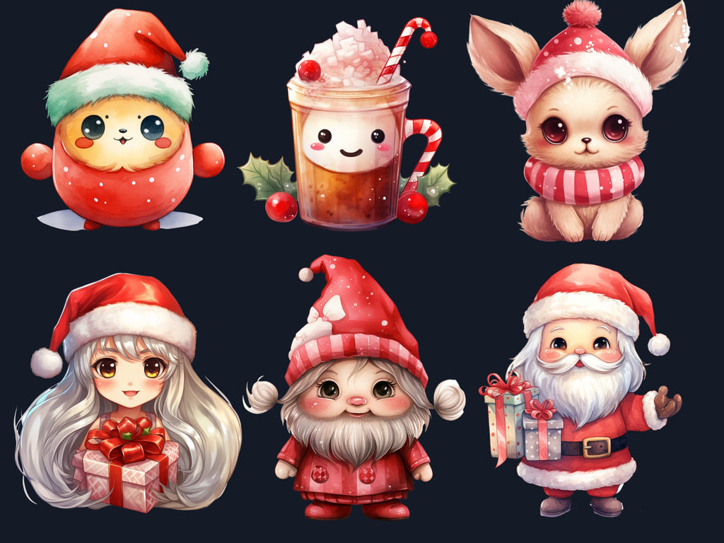45 PNG Watercolour Kawaii Christmas Bundle Clipart, Cute Christmas Animals Illustrations Clip art, Winter Holiday png, Xmas Noel Ornaments