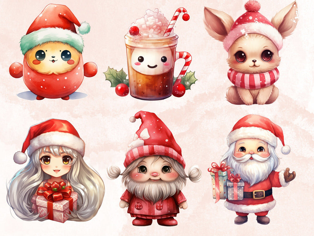 45 PNG Watercolour Kawaii Christmas Bundle Clipart, Cute Christmas Animals Illustrations Clip art, Winter Holiday png, Xmas Noel Ornaments