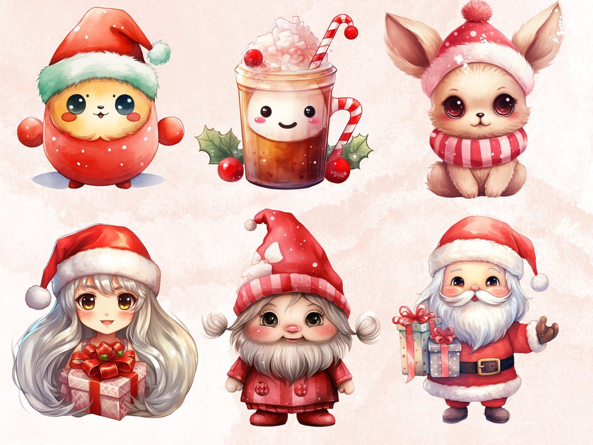 45 PNG Watercolour Kawaii Christmas Bundle Clipart, Cute Christmas Animals Illustrations Clip art, Winter Holiday png, Xmas Noel Ornaments