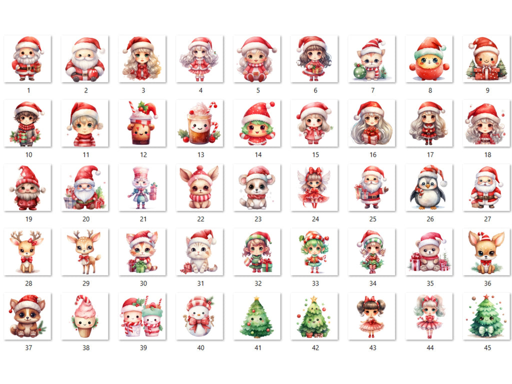 45 PNG Watercolour Kawaii Christmas Bundle Clipart, Cute Christmas Animals Illustrations Clip art, Winter Holiday png, Xmas Noel Ornaments