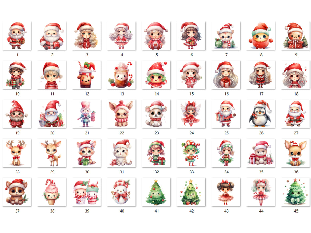 45 PNG Watercolour Kawaii Christmas Bundle Clipart, Cute Christmas Animals Illustrations Clip art, Winter Holiday png, Xmas Noel Ornaments