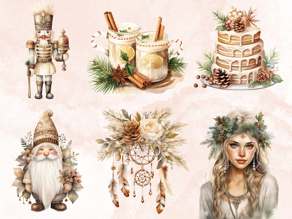 45 PNG Watercolour Boho Christmas Bundle Clipart, Cozy Rustic Christmas Illustrations Clip art, Boho Winter Holiday png, Xmas Noel Ornaments