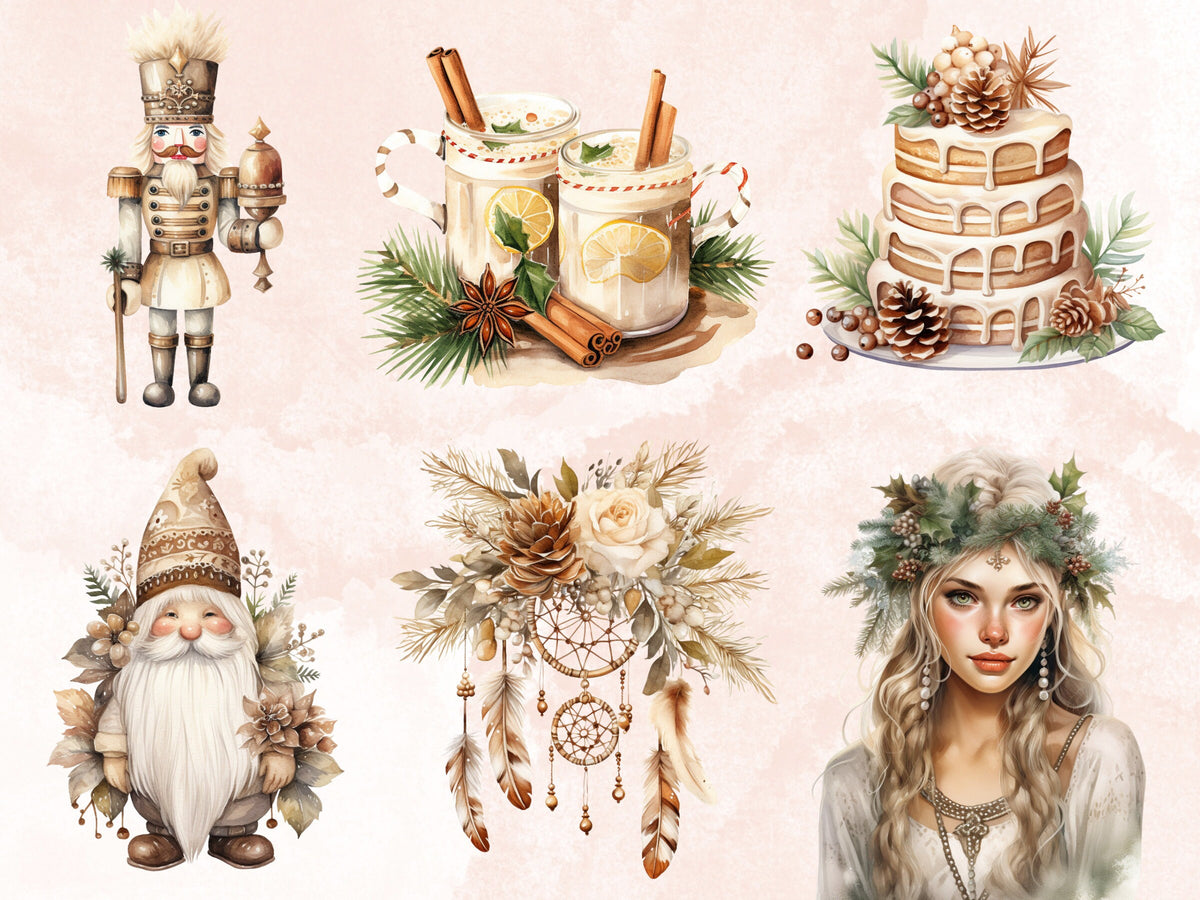 45 PNG Watercolour Boho Christmas Bundle Clipart, Cozy Rustic Christmas Illustrations Clip art, Boho Winter Holiday png, Xmas Noel Ornaments
