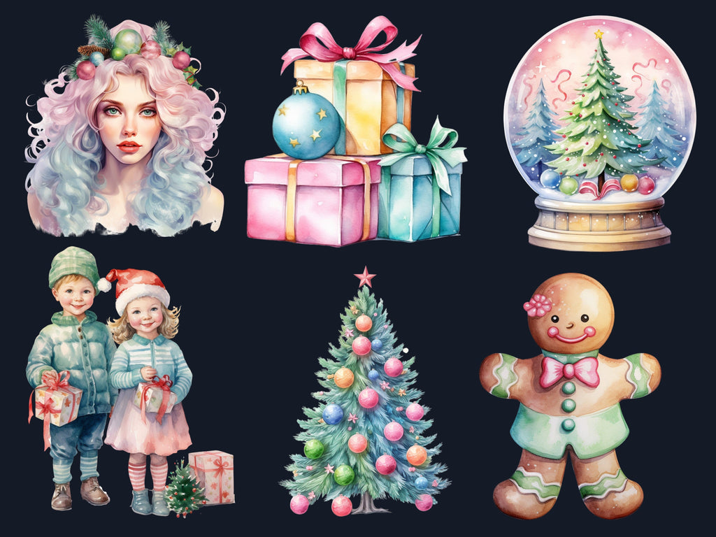 45 PNG Watercolour Pastel Christmas Bundle Clipart, Pink Blue Christmas Illustration Clip art, Pastel Winter Holiday png, Xmas Noel Ornament