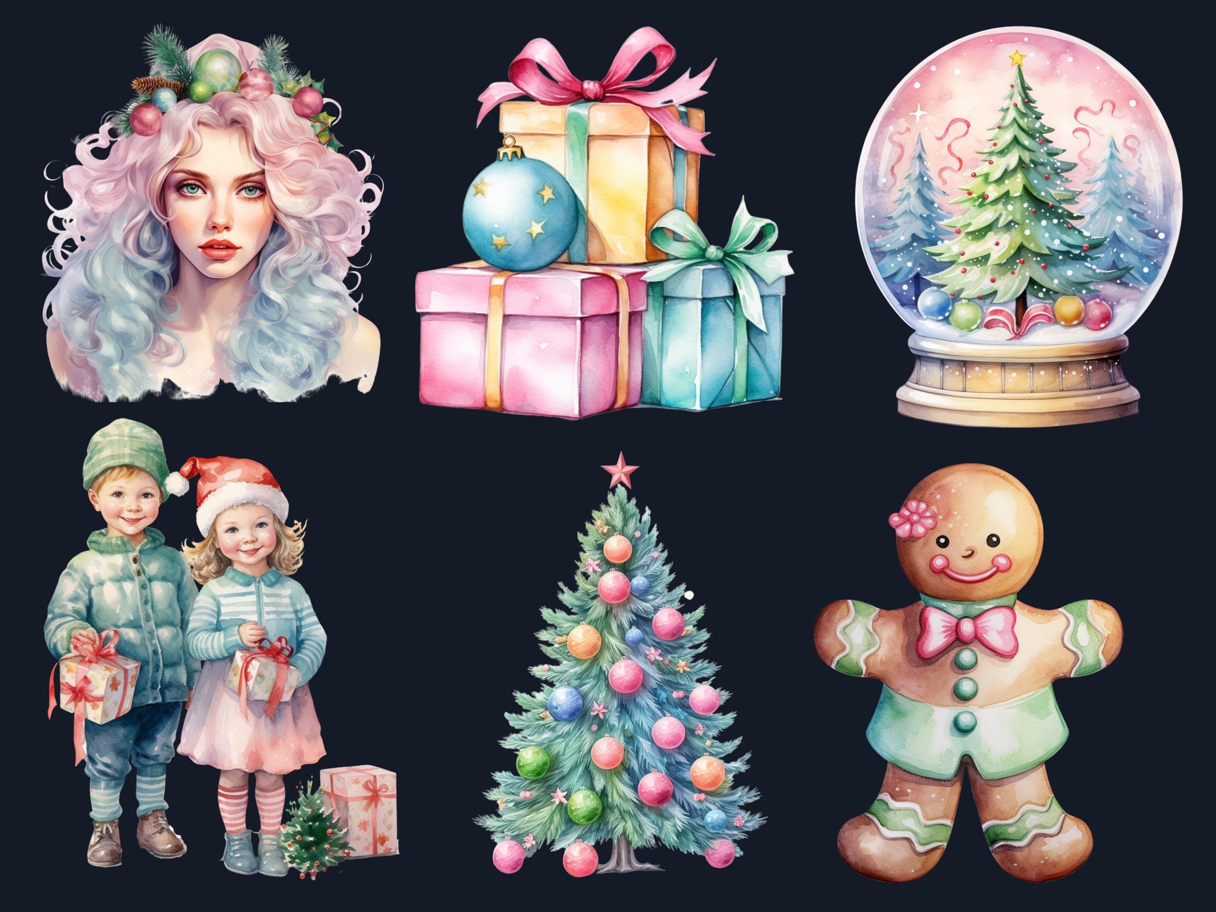 45 PNG Watercolour Pastel Christmas Bundle Clipart, Pink Blue Christmas Illustration Clip art, Pastel Winter Holiday png, Xmas Noel Ornament