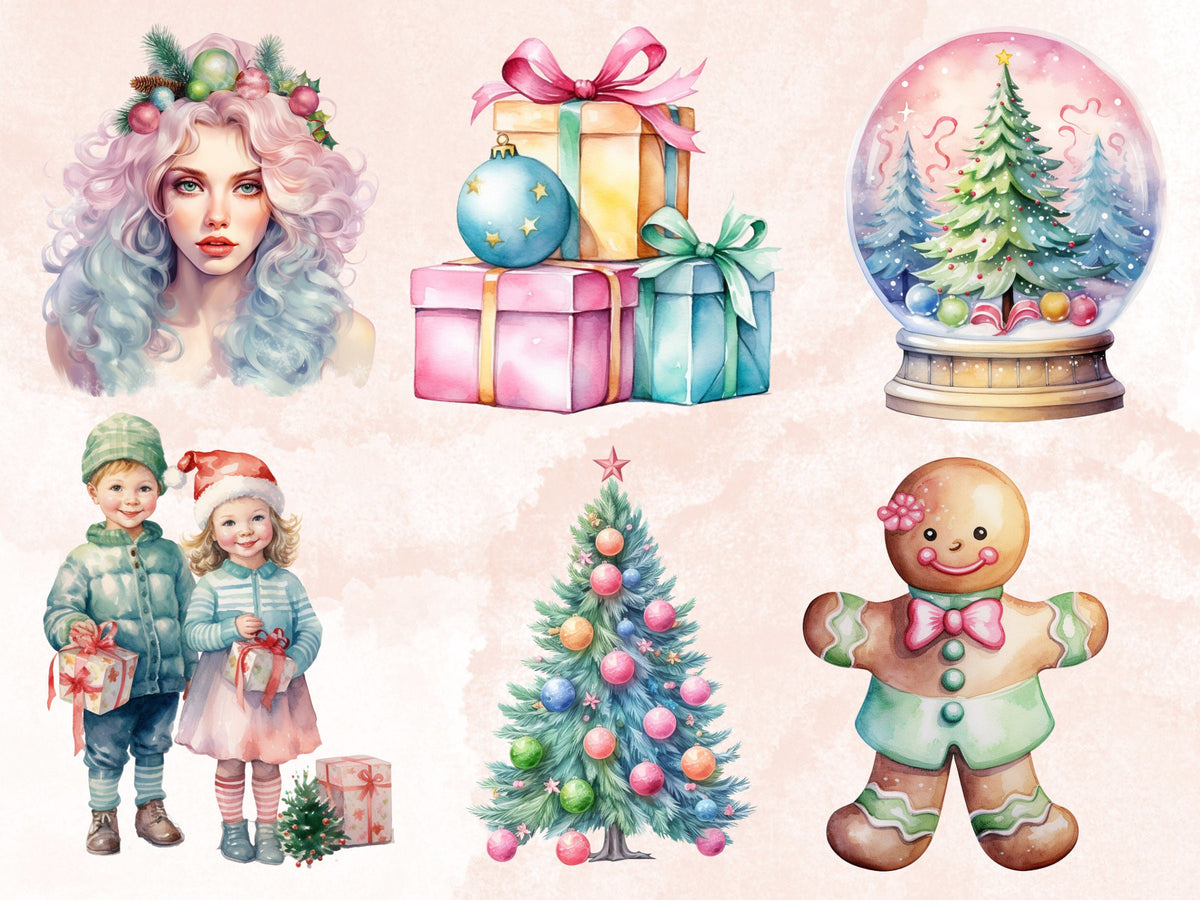 45 PNG Watercolour Pastel Christmas Bundle Clipart, Pink Blue Christmas Illustration Clip art, Pastel Winter Holiday png, Xmas Noel Ornament