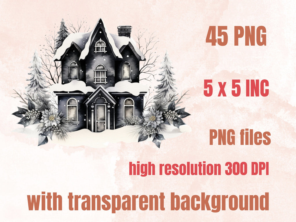 45 PNG Watercolour Black and White Christmas Clipart, Old Christmas Illustration Clip art, Nostalgia Winter Holiday png, Xmas Noel Ornaments