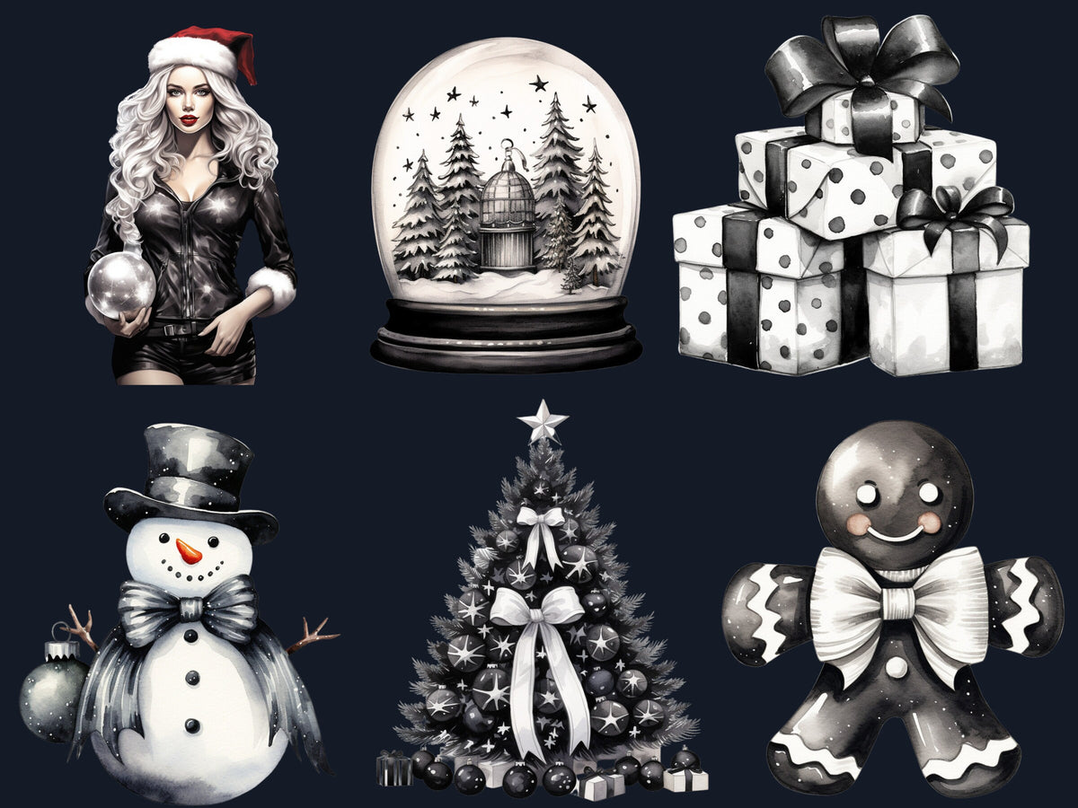45 PNG Watercolour Black and White Christmas Clipart, Old Christmas Illustration Clip art, Nostalgia Winter Holiday png, Xmas Noel Ornaments