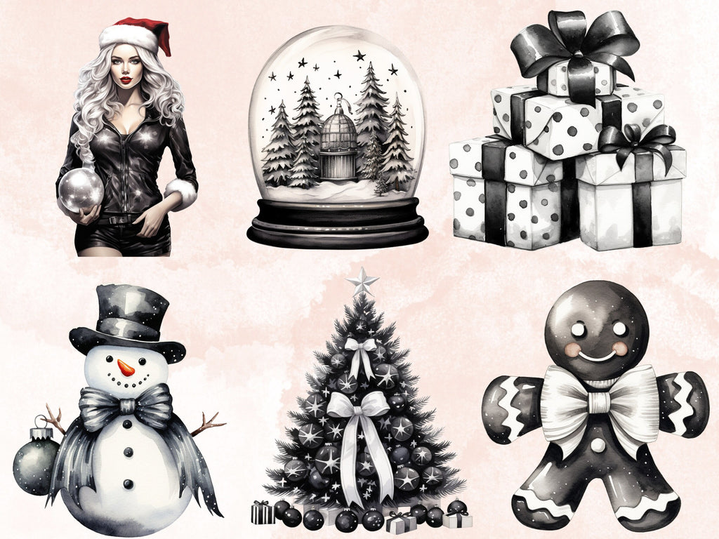 45 PNG Watercolour Black and White Christmas Clipart, Old Christmas Illustration Clip art, Nostalgia Winter Holiday png, Xmas Noel Ornaments