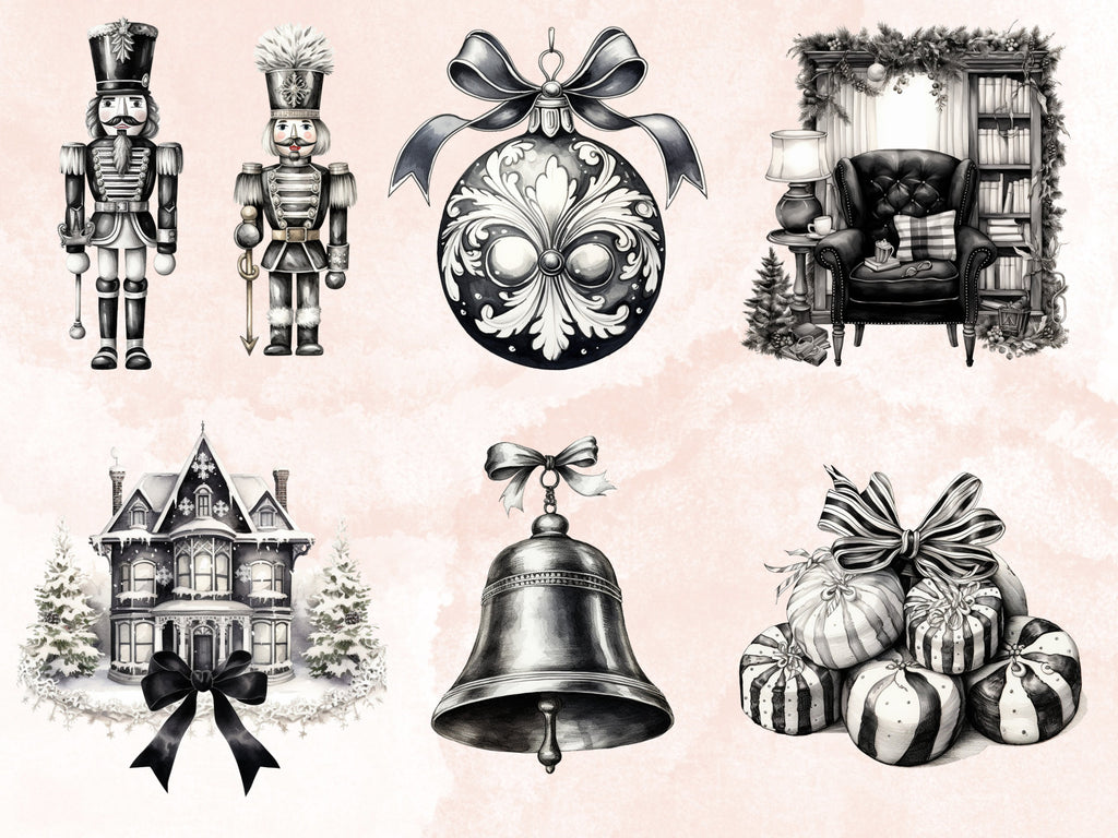 45 PNG Watercolour Black and White Christmas Clipart, Old Christmas Illustration Clip art, Nostalgia Winter Holiday png, Xmas Noel Ornaments