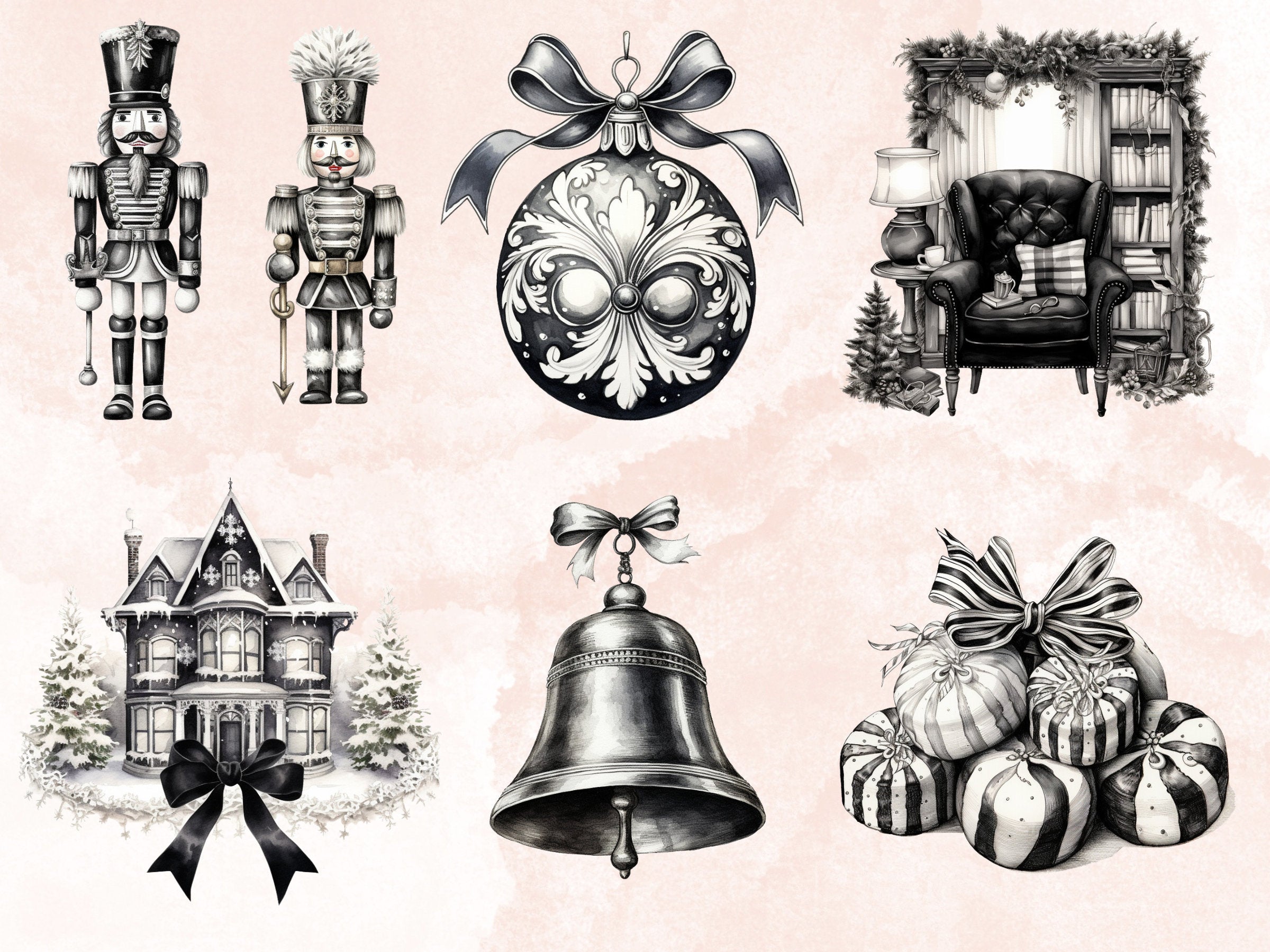 45 PNG Watercolour Black and White Christmas Clipart, Old Christmas Illustration Clip art, Nostalgia Winter Holiday png, Xmas Noel Ornaments