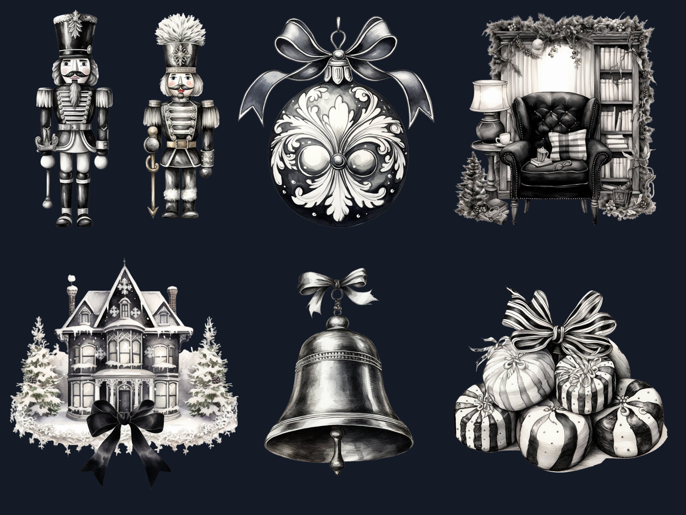 45 PNG Watercolour Black and White Christmas Clipart, Old Christmas Illustration Clip art, Nostalgia Winter Holiday png, Xmas Noel Ornaments