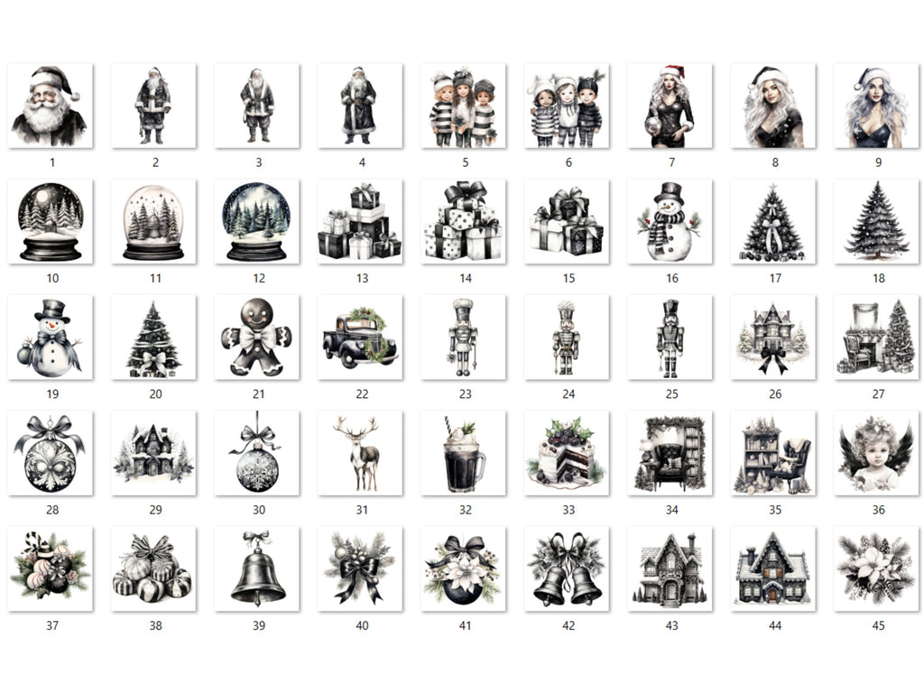 45 PNG Watercolour Black and White Christmas Clipart, Old Christmas Illustration Clip art, Nostalgia Winter Holiday png, Xmas Noel Ornaments