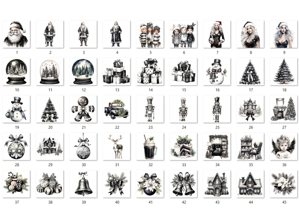 45 PNG Watercolour Black and White Christmas Clipart, Old Christmas Illustration Clip art, Nostalgia Winter Holiday png, Xmas Noel Ornaments