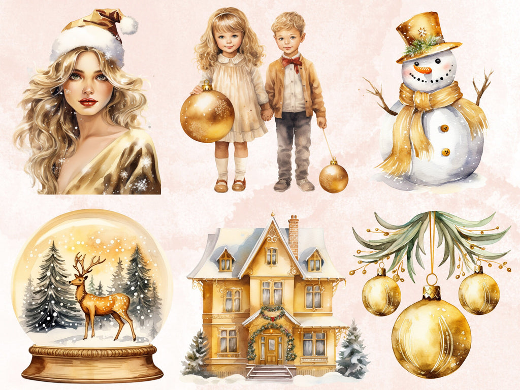 40 PNG Watercolour Gold Christmas Clipart, Golden Luxury Christmas Illustrations Clip art, Yellow Winter Holiday png, Xmas Noel Ornaments