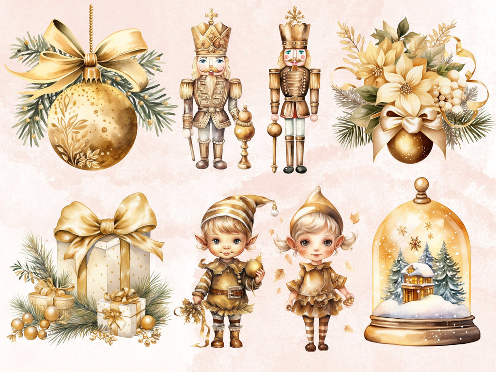 40 PNG Watercolour Gold Christmas Clipart, Golden Luxury Christmas Illustrations Clip art, Yellow Winter Holiday png, Xmas Noel Ornaments