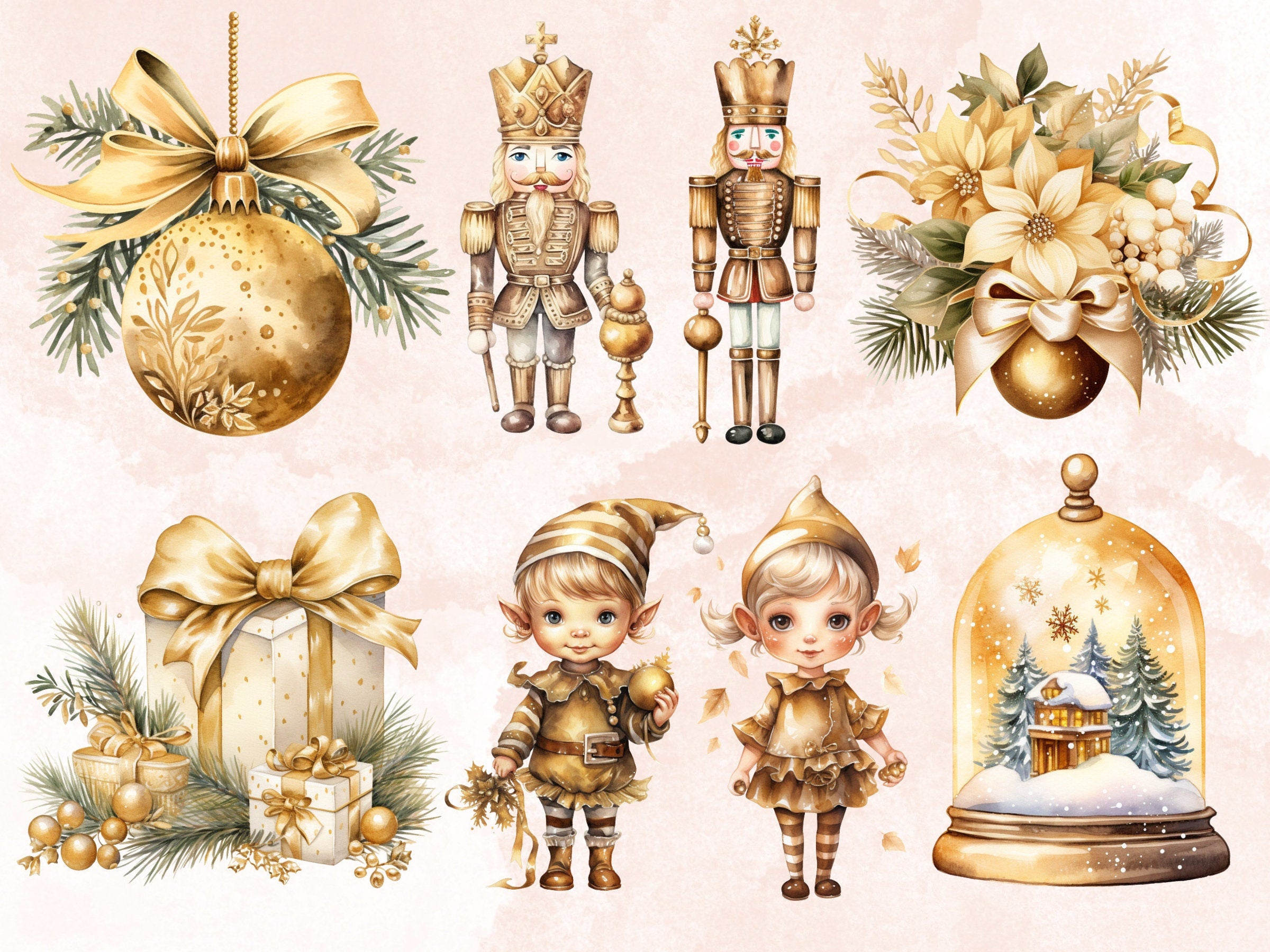 40 PNG Watercolour Gold Christmas Clipart, Golden Luxury Christmas Illustrations Clip art, Yellow Winter Holiday png, Xmas Noel Ornaments