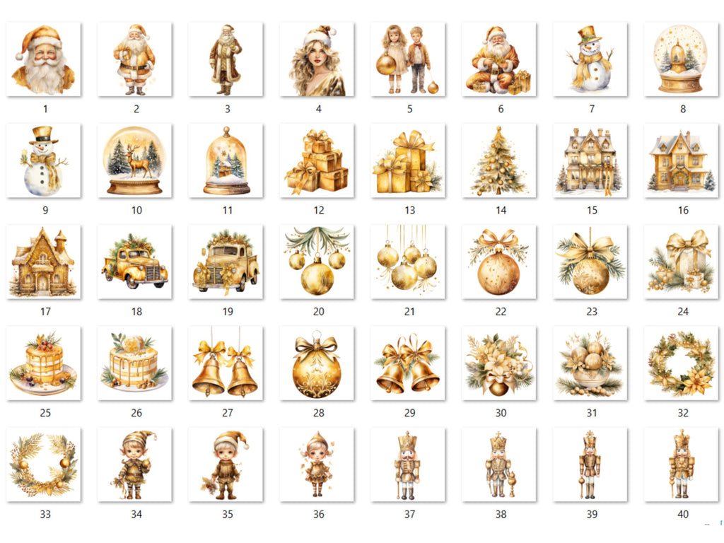 40 PNG Watercolour Gold Christmas Clipart, Golden Luxury Christmas Illustrations Clip art, Yellow Winter Holiday png, Xmas Noel Ornaments