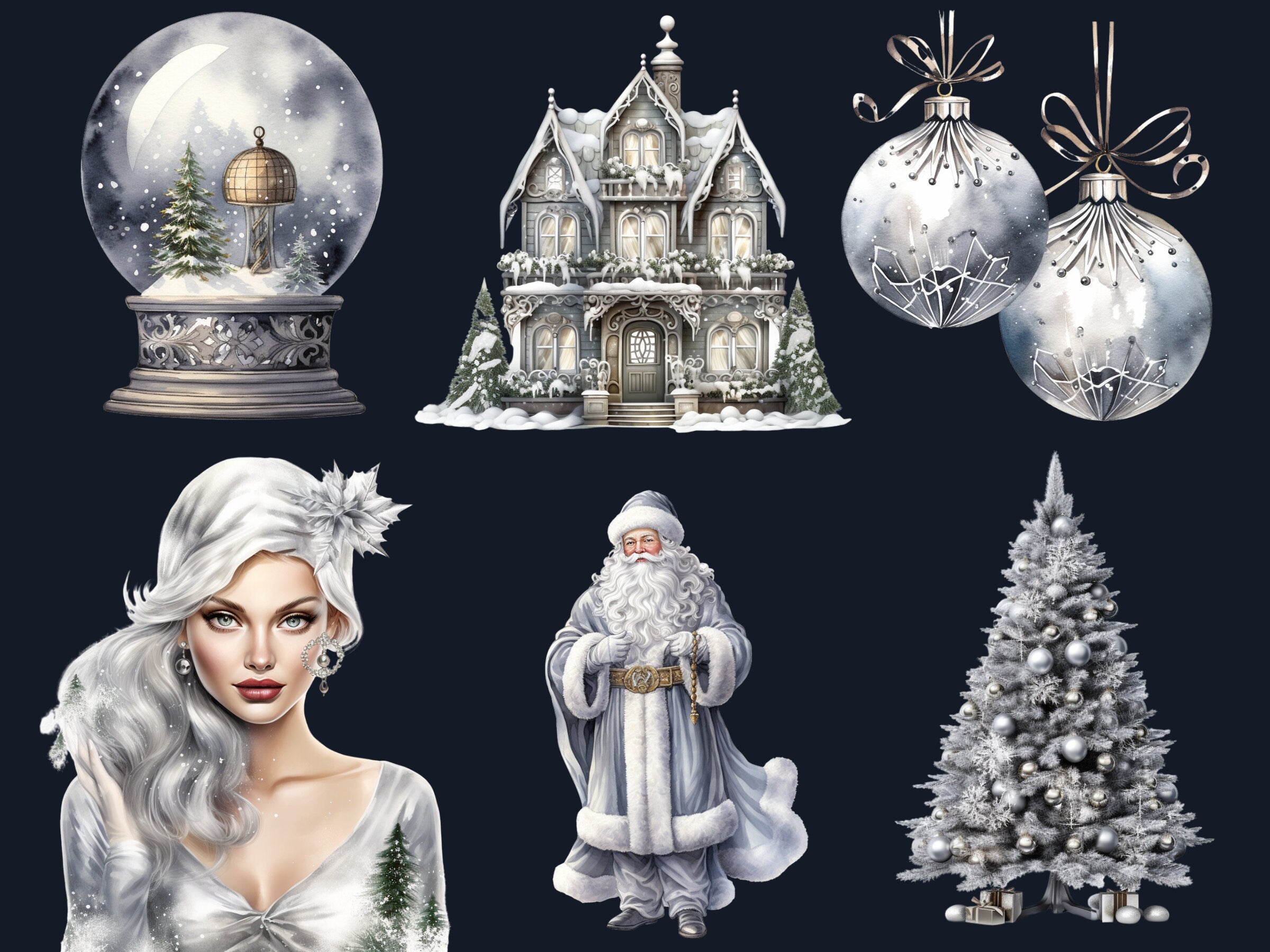 40 PNG Watercolour Silver Christmas Clipart, Gray Luxury Christmas Illustrations Clip art, Silver Winter Holiday png, Xmas Noel Ornaments