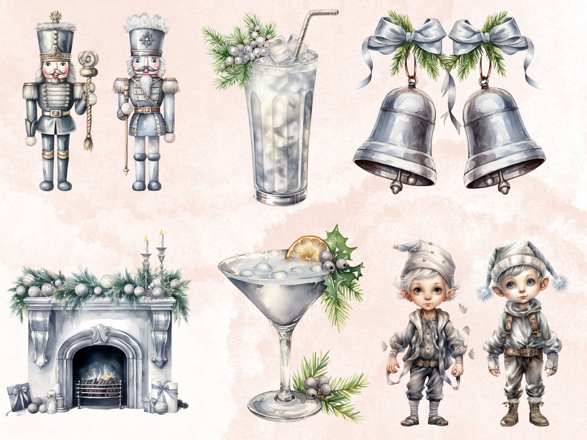 40 PNG Watercolour Silver Christmas Clipart, Gray Luxury Christmas Illustrations Clip art, Silver Winter Holiday png, Xmas Noel Ornaments