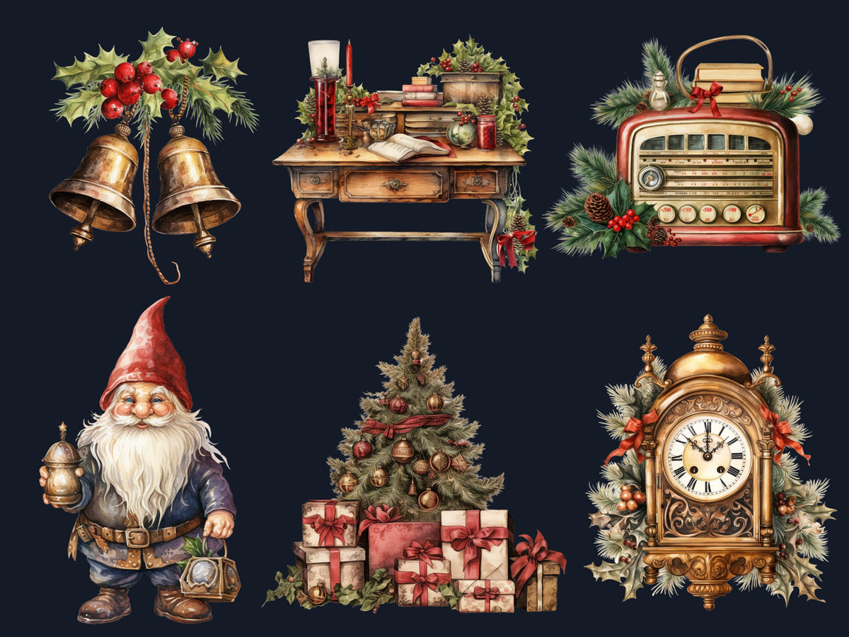 45 PNG Watercolour Antique Christmas Clipart, Rustic Vintage Christmas Illustrations Clip art, Winter Holiday png, Old Xmas Noel Ornaments