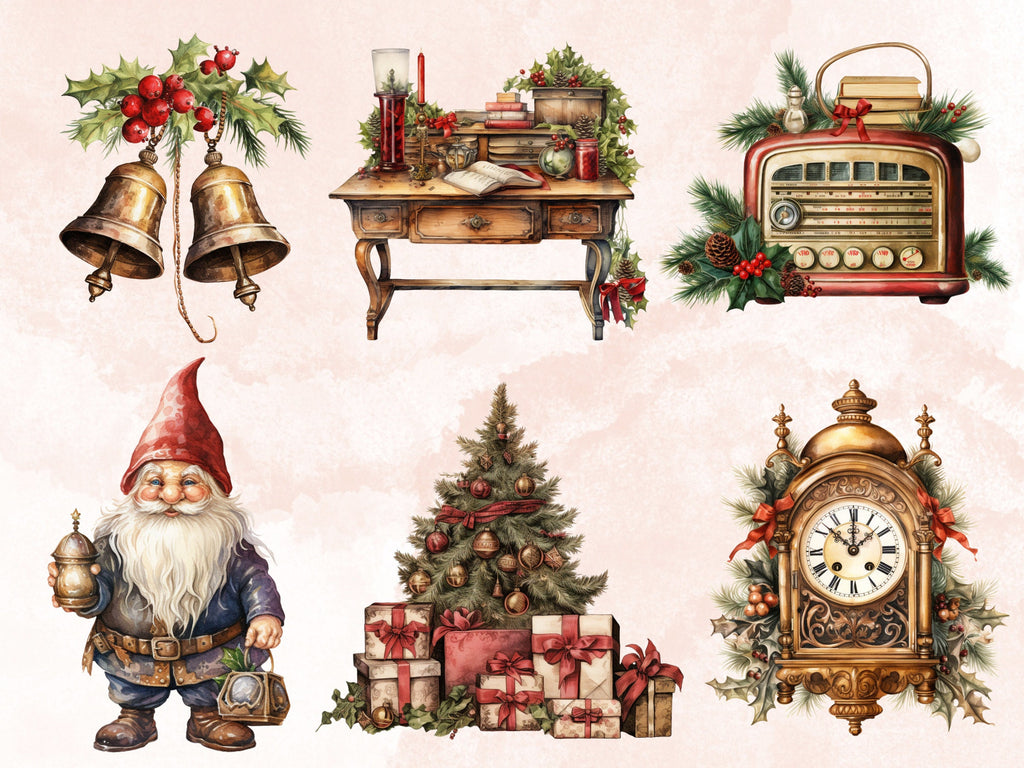 45 PNG Watercolour Antique Christmas Clipart, Rustic Vintage Christmas Illustrations Clip art, Winter Holiday png, Old Xmas Noel Ornaments