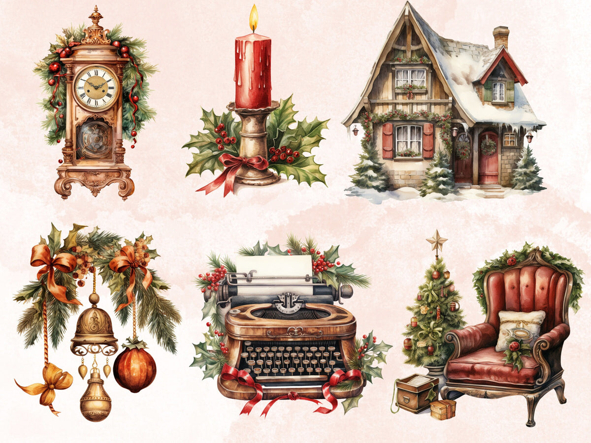 45 PNG Watercolour Antique Christmas Clipart, Rustic Vintage Christmas Illustrations Clip art, Winter Holiday png, Old Xmas Noel Ornaments