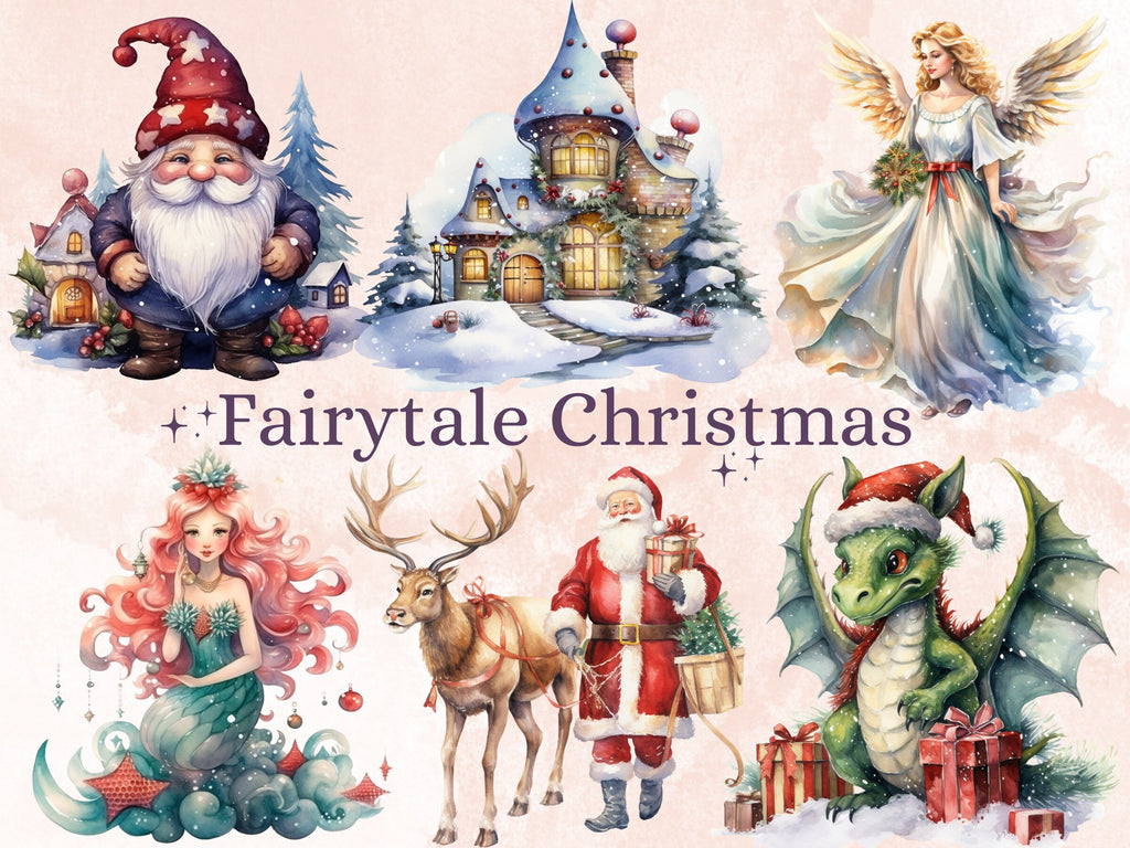 45 PNG Watercolour Fairytale Christmas Clipart, Enchanted Christmas Illustrations Clip art, Winter Holiday png, Fantasy Xmas Noel Ornaments