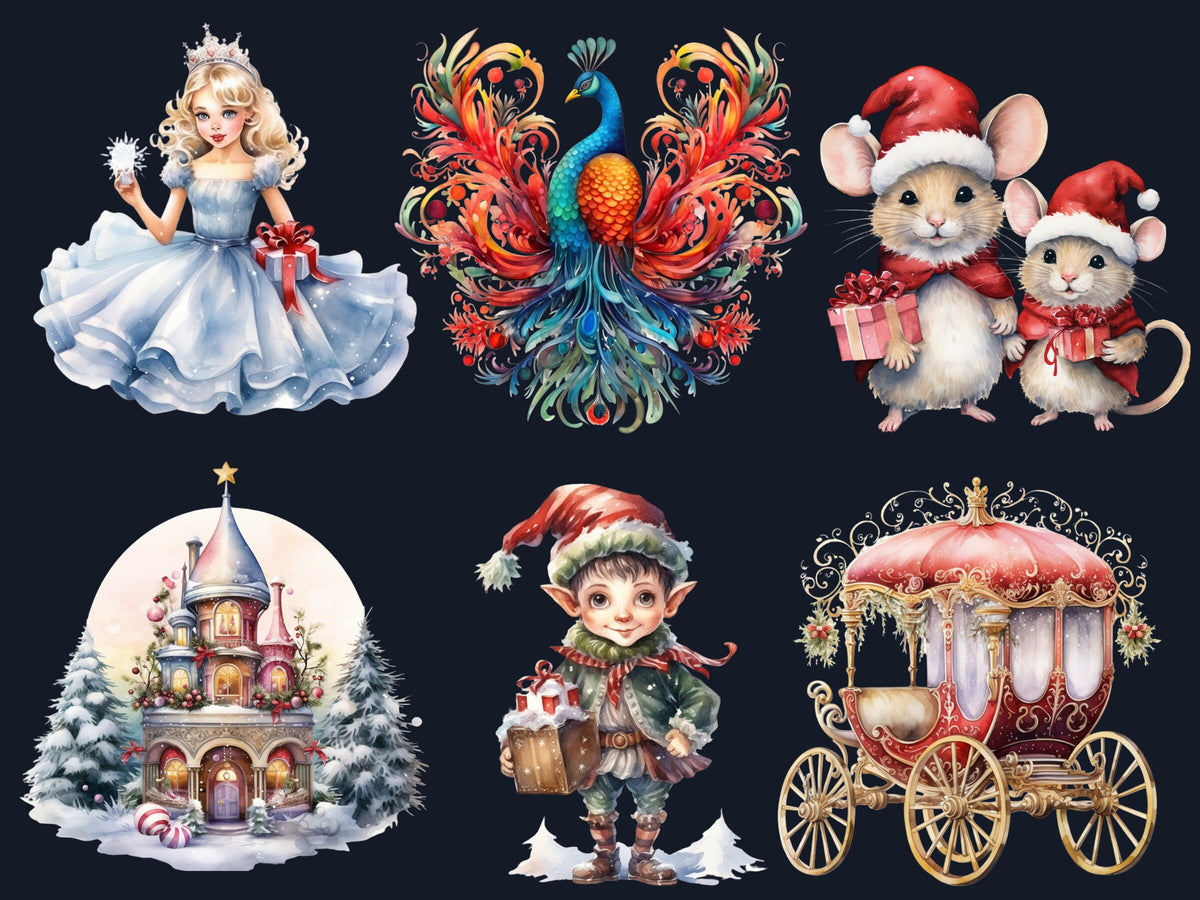 45 PNG Watercolour Fairytale Christmas Clipart, Enchanted Christmas Illustrations Clip art, Winter Holiday png, Fantasy Xmas Noel Ornaments