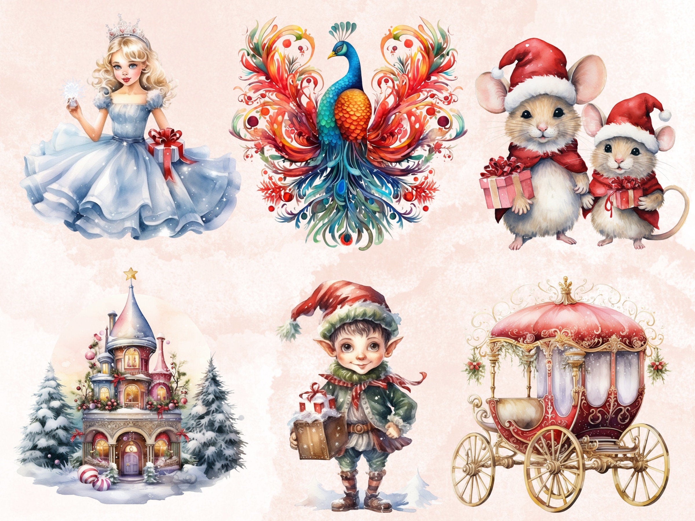 45 PNG Watercolour Fairytale Christmas Clipart, Enchanted Christmas Illustrations Clip art, Winter Holiday png, Fantasy Xmas Noel Ornaments