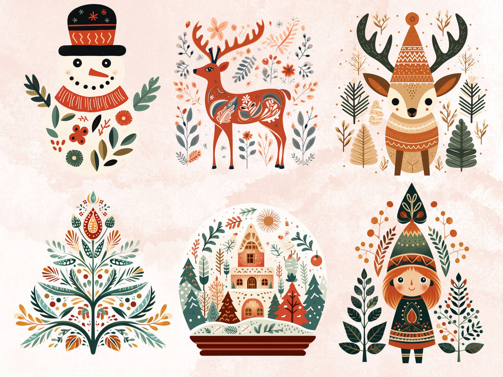 50 PNG Watercolour Scandinavian Christmas Clipart, Christmas Folk Art Illustrations Clip art, Winter Holiday png, Nordic Xmas Noel Ornaments