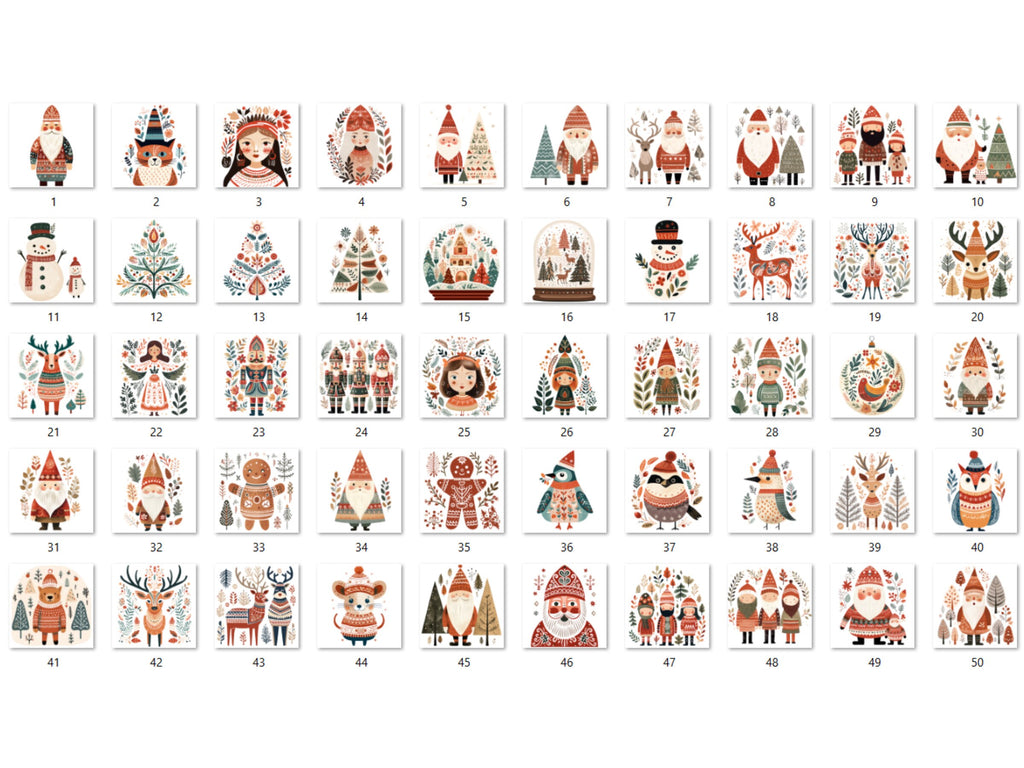 50 PNG Watercolour Scandinavian Christmas Clipart, Christmas Folk Art Illustrations Clip art, Winter Holiday png, Nordic Xmas Noel Ornaments